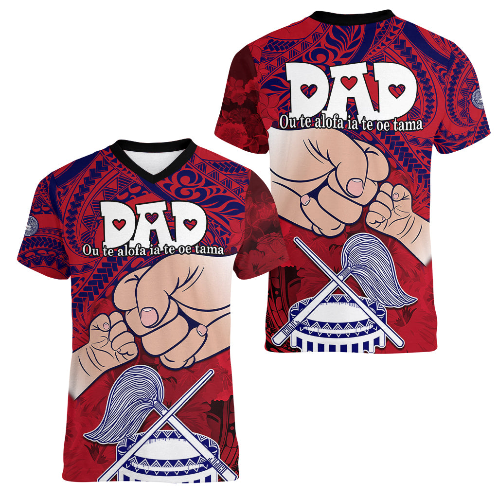 Fathers Day Polynesian Islands American Samoa Women V Neck T Shirt Dad Ou Te Alofa Ia Te Oe Tama - Polynesian Flowers Tribal - Wonder Print Shop