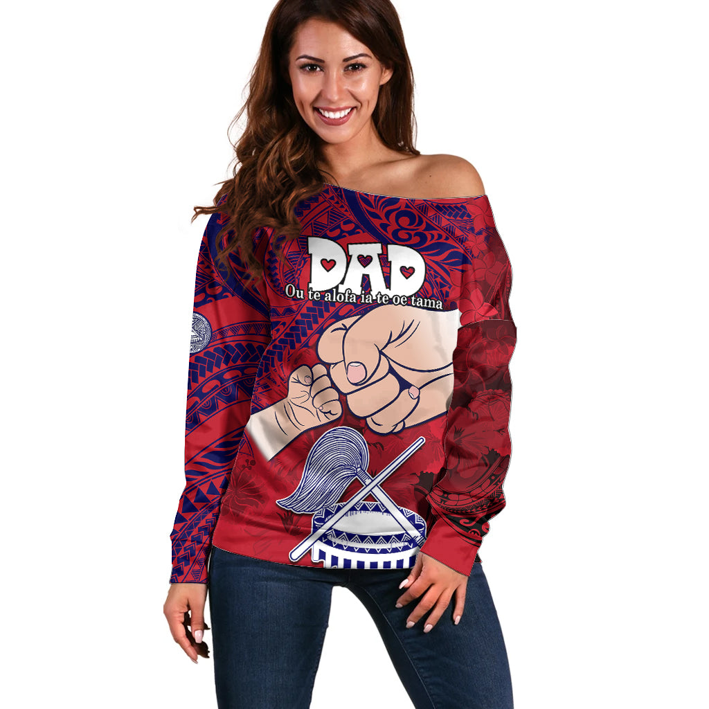 Personalised Dads Day American Samoa Off Shoulder Sweater Dad Ou Te Alofa Ia Te Oe Tama - Polynesian Flowers Tribal - Wonder Print Shop
