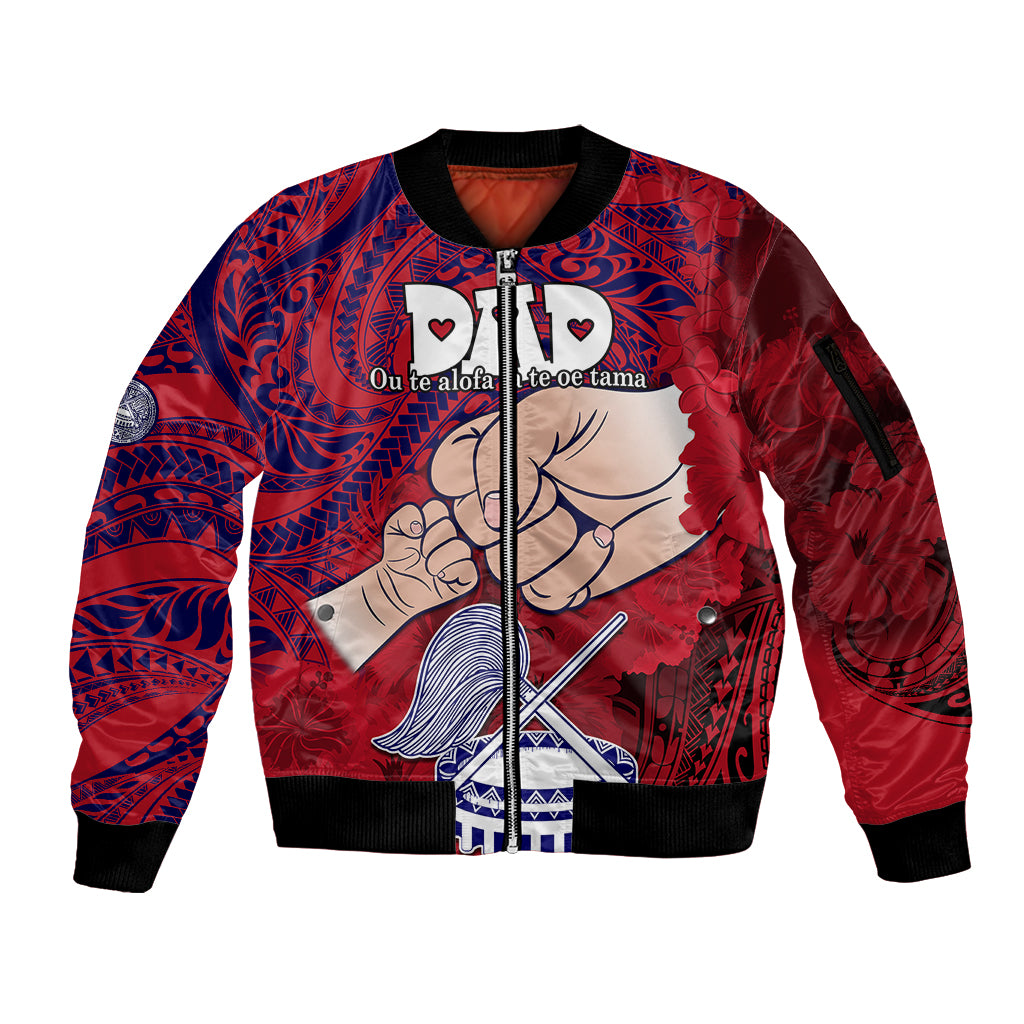 Personalised Fathers Day Polynesian Islands American Samoa Sleeve Zip Bomber Jacket Dad Ou Te Alofa Ia Te Oe Tama - Polynesian Flowers Tribal - Wonder Print Shop