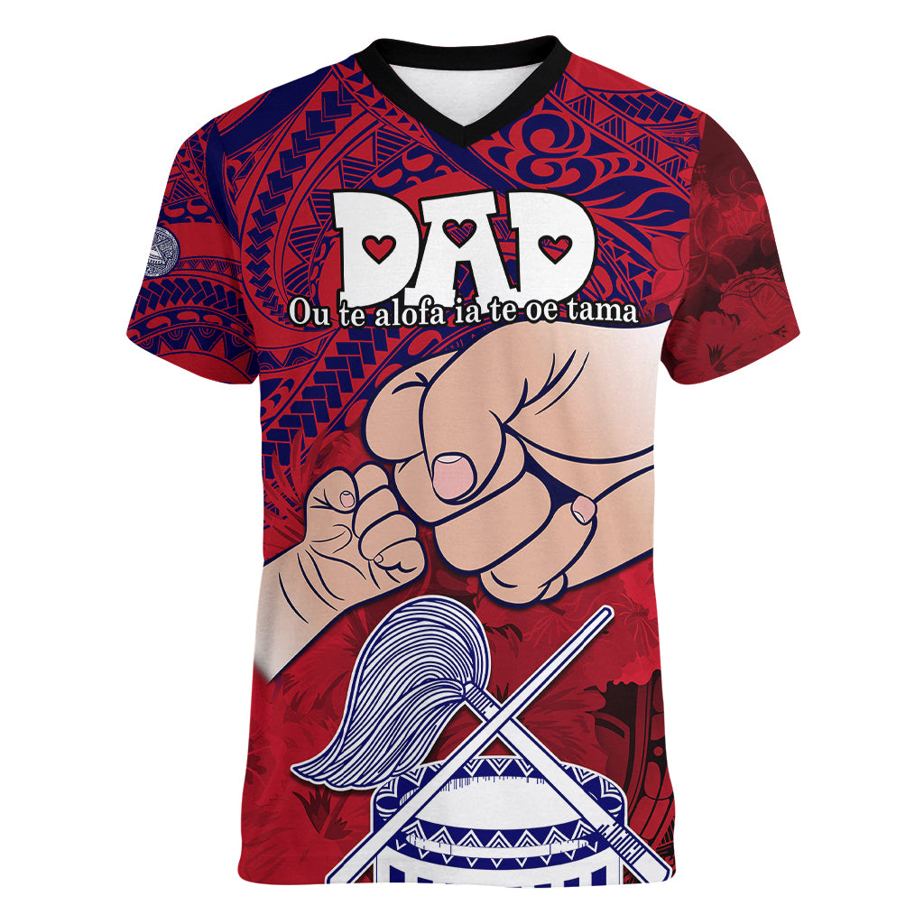 Personalised Fathers Day Polynesian Islands American Samoa Women V Neck T Shirt Dad Ou Te Alofa Ia Te Oe Tama - Polynesian Flowers Tribal - Wonder Print Shop