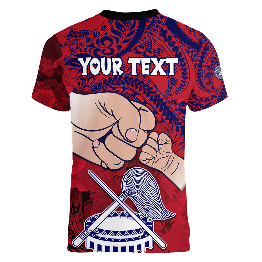 Personalised Fathers Day Polynesian Islands American Samoa Women V Neck T Shirt Dad Ou Te Alofa Ia Te Oe Tama - Polynesian Flowers Tribal - Wonder Print Shop