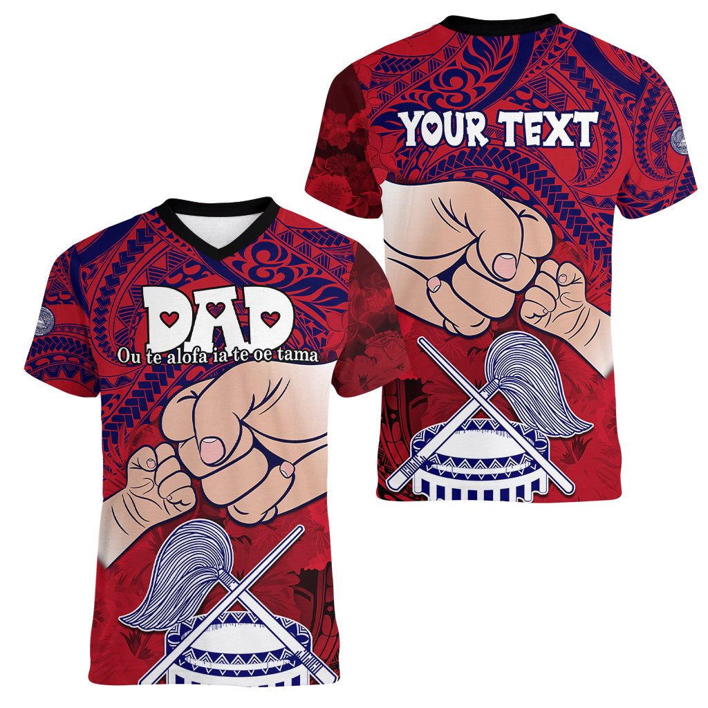 Personalised Dads Day American Samoa Women V Neck T Shirt Dad Ou Te Alofa Ia Te Oe Tama - Polynesian Flowers Tribal - Wonder Print Shop