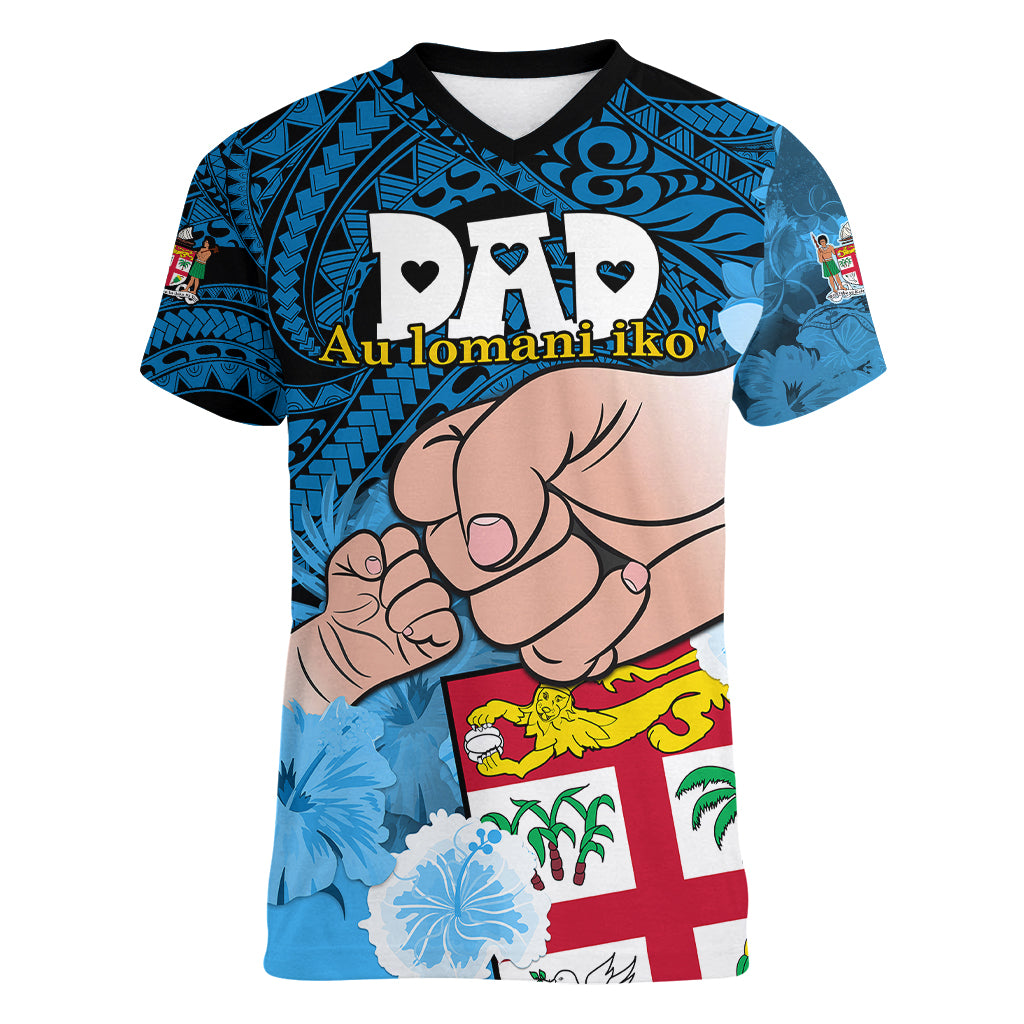 Personalised Fathers Day Polynesian Islands Fiji Women V Neck T Shirt Dad Au Lomani Iko - Polynesian Flowers Tribal - Wonder Print Shop
