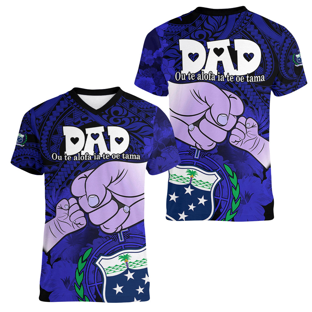 Dads Day Samoa Women V Neck T Shirt Dad Ou Te Alofa Ia Te Oe Tama - Blue Polynesian Flowers Tribal - Wonder Print Shop