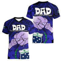 Dads Day Samoa Women V Neck T Shirt Dad Ou Te Alofa Ia Te Oe Tama - Blue Polynesian Flowers Tribal - Wonder Print Shop
