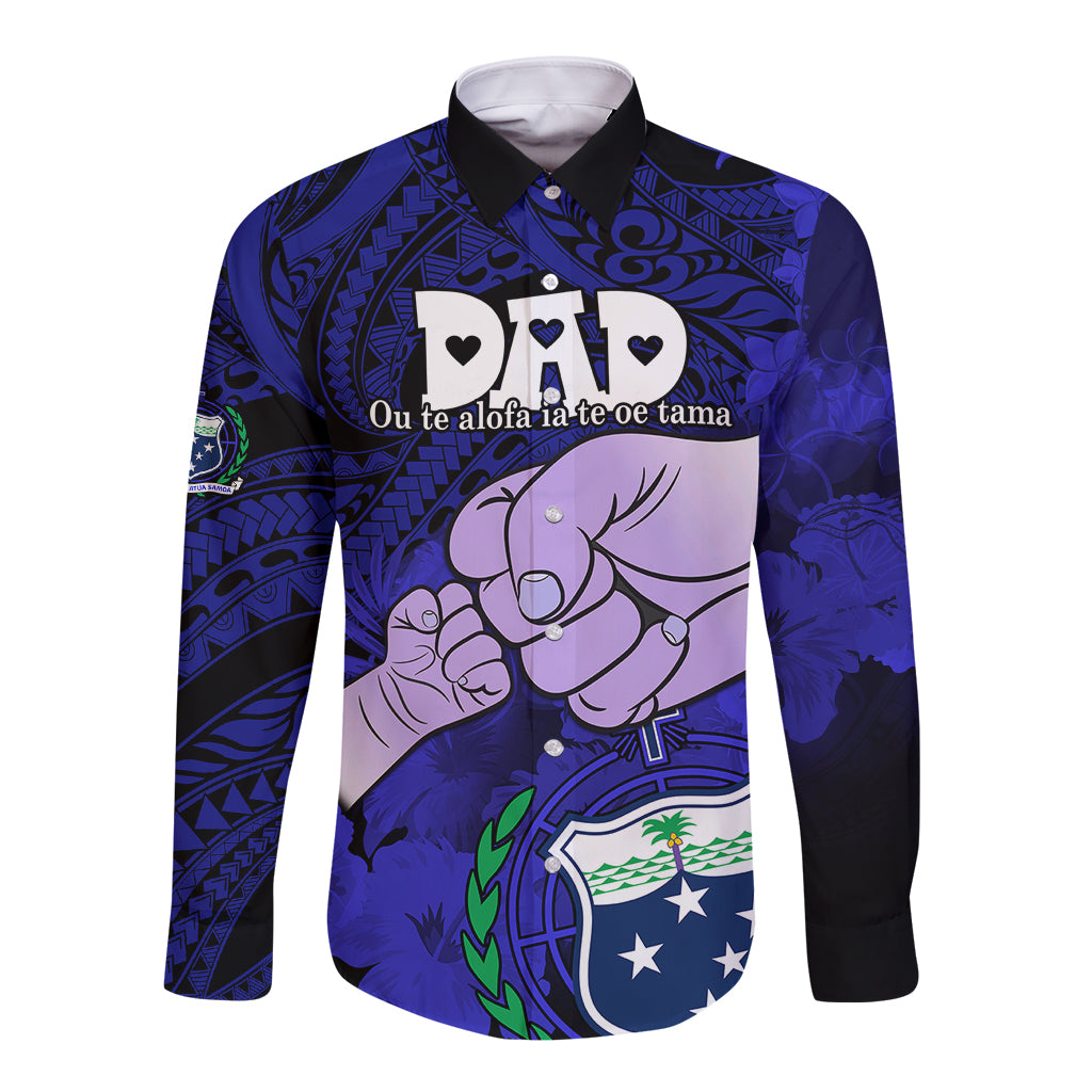 Personalised Dads Day Samoa Long Sleeve Button Shirt Dad Ou Te Alofa Ia Te Oe Tama - Blue Polynesian Flowers Tribal - Wonder Print Shop