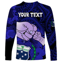 Personalised Dads Day Samoa Long Sleeve Shirt Dad Ou Te Alofa Ia Te Oe Tama - Blue Polynesian Flowers Tribal - Wonder Print Shop