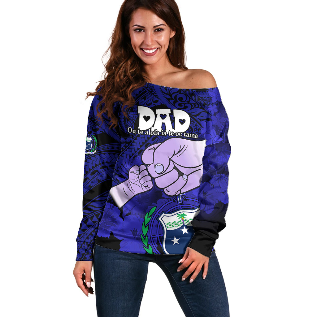 Personalised Dads Day Samoa Off Shoulder Sweater Dad Ou Te Alofa Ia Te Oe Tama - Blue Polynesian Flowers Tribal - Wonder Print Shop
