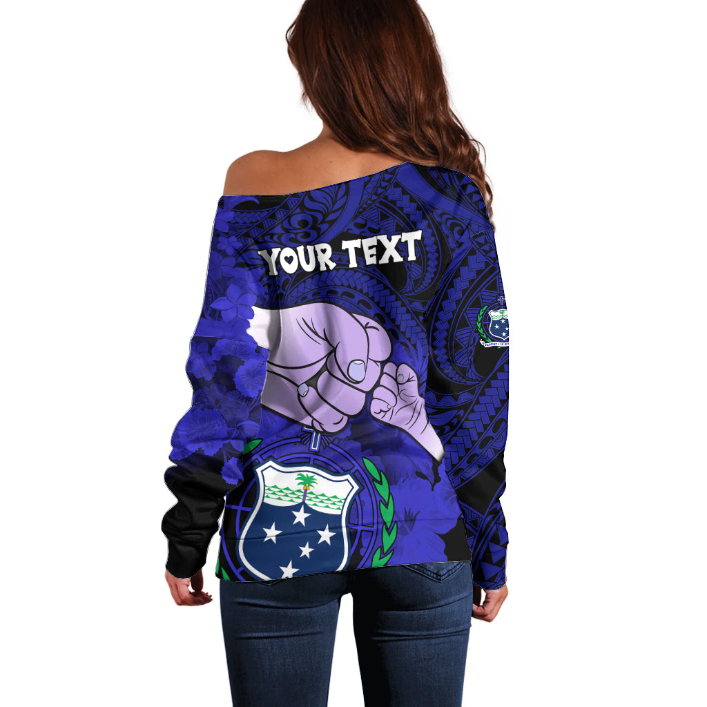 Personalised Fathers Day Polynesian Islands Samoa Off Shoulder Sweater Dad Ou Te Alofa Ia Te Oe Tama - Blue Polynesian Flowers Tribal - Wonder Print Shop