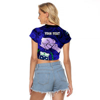 Personalised Dads Day Samoa Raglan Cropped T Shirt Dad Ou Te Alofa Ia Te Oe Tama - Blue Polynesian Flowers Tribal - Wonder Print Shop
