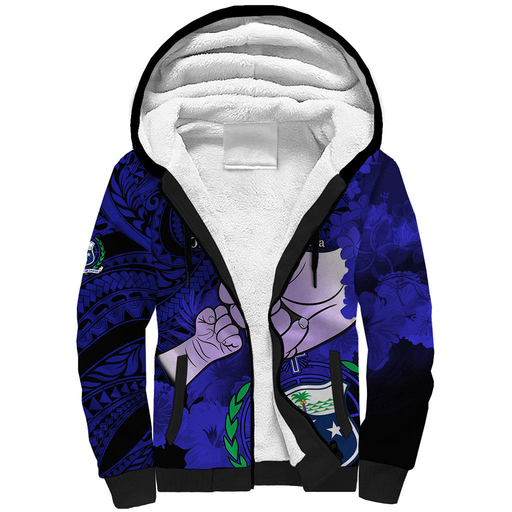 Personalised Fathers Day Polynesian Islands Samoa Sherpa Hoodie Dad Ou Te Alofa Ia Te Oe Tama - Blue Polynesian Flowers Tribal - Wonder Print Shop