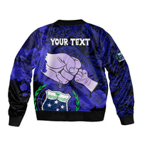 Personalised Fathers Day Polynesian Islands Samoa Sleeve Zip Bomber Jacket Dad Ou Te Alofa Ia Te Oe Tama - Blue Polynesian Flowers Tribal - Wonder Print Shop