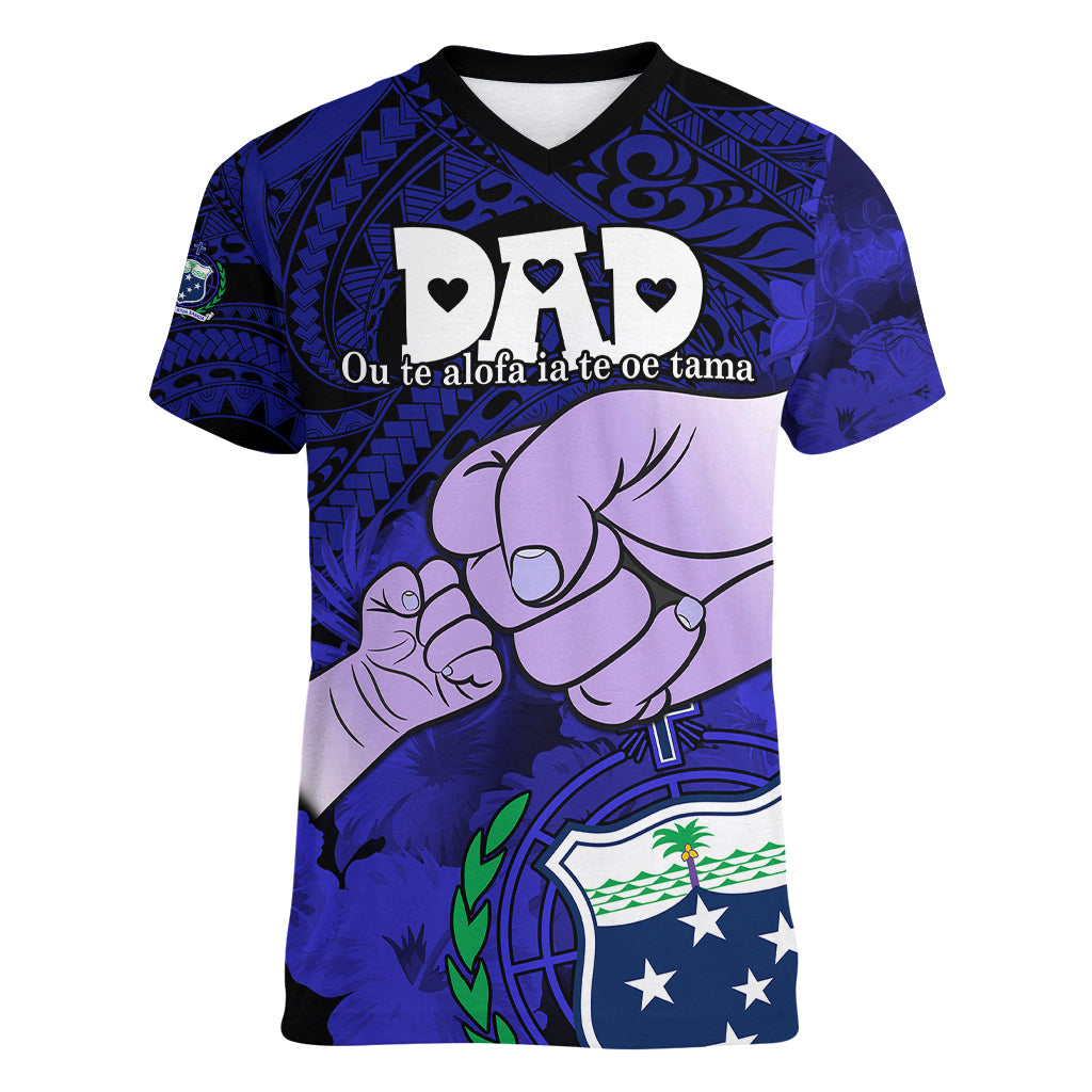 Personalised Fathers Day Polynesian Islands Samoa Women V Neck T Shirt Dad Ou Te Alofa Ia Te Oe Tama - Blue Polynesian Flowers Tribal - Wonder Print Shop