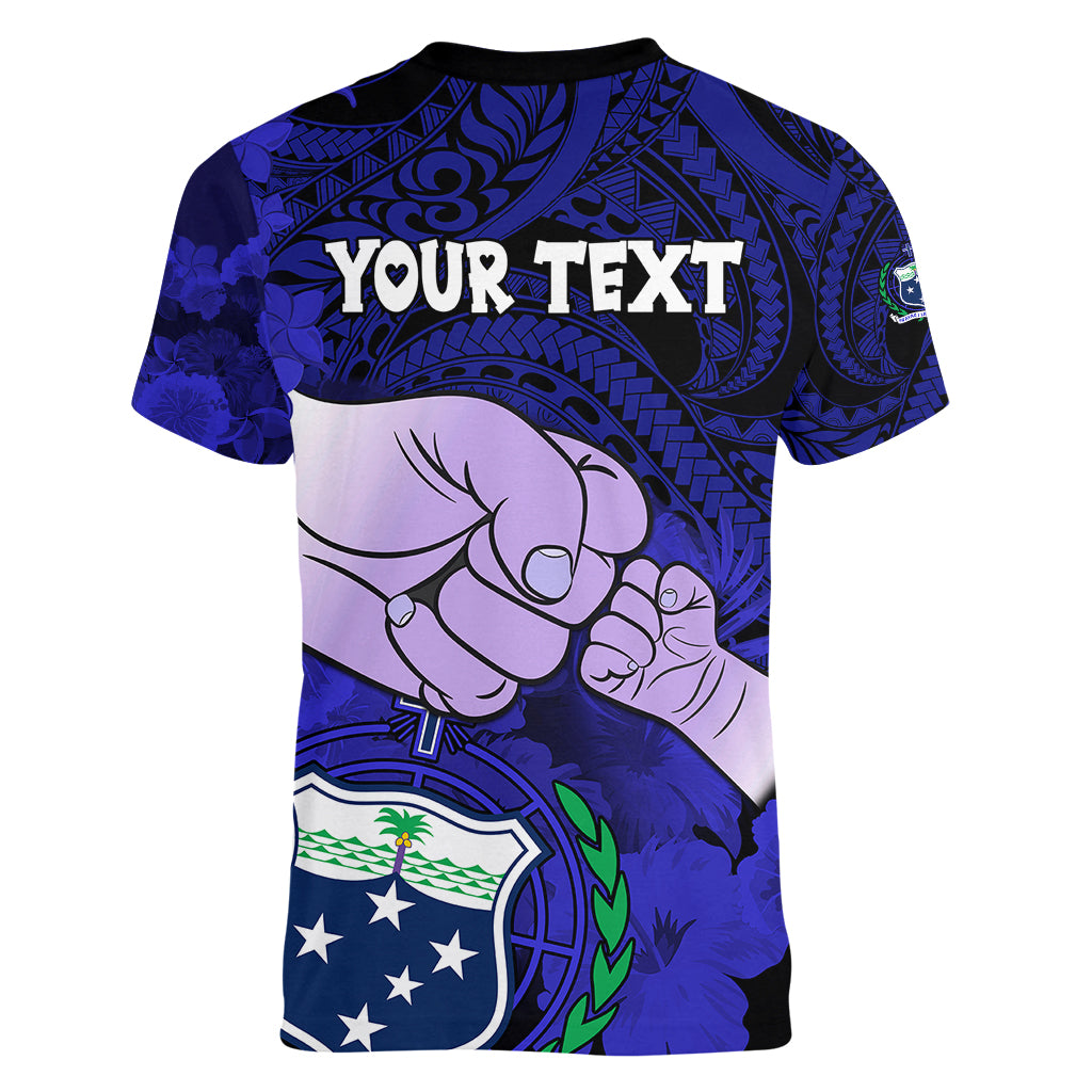 Personalised Dads Day Samoa Women V Neck T Shirt Dad Ou Te Alofa Ia Te Oe Tama - Blue Polynesian Flowers Tribal - Wonder Print Shop