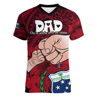 Fathers Day Polynesian Islands Samoa Women V Neck T Shirt Dad Ou Te Alofa Ia Te Oe Tama - Red Polynesian Flowers Tribal - Wonder Print Shop