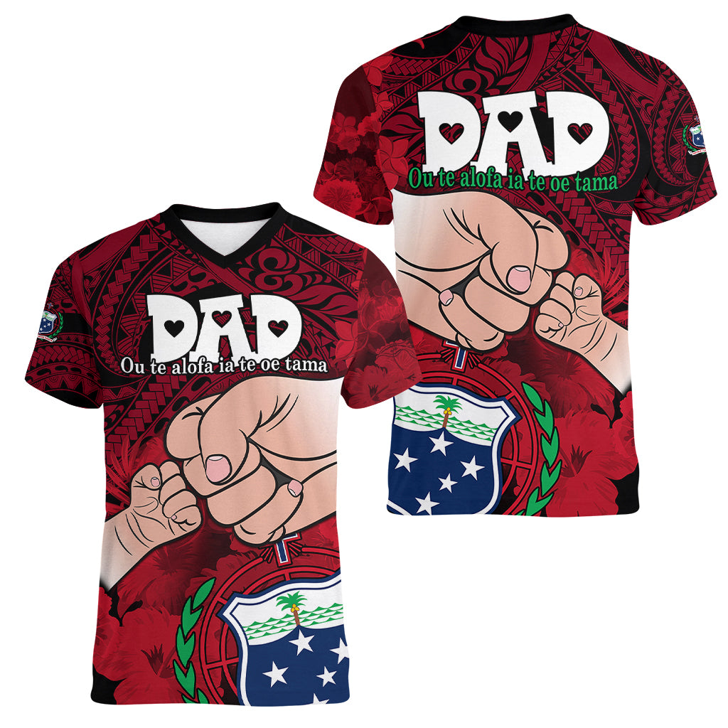 Dads Day Samoa Women V Neck T Shirt Dad Ou Te Alofa Ia Te Oe Tama - Red Polynesian Flowers Tribal - Wonder Print Shop