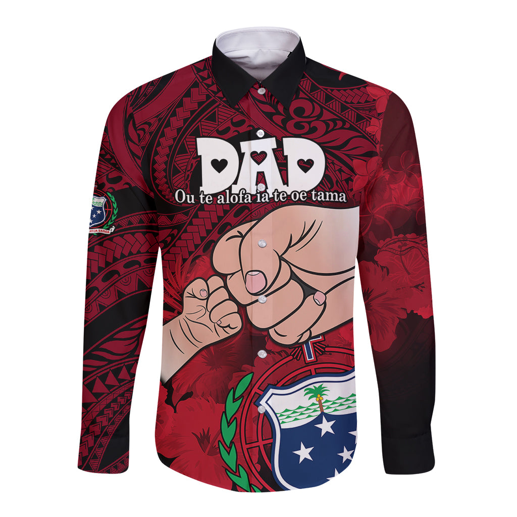 Personalised Dads Day Samoa Long Sleeve Button Shirt Dad Ou Te Alofa Ia Te Oe Tama - Red Polynesian Flowers Tribal - Wonder Print Shop