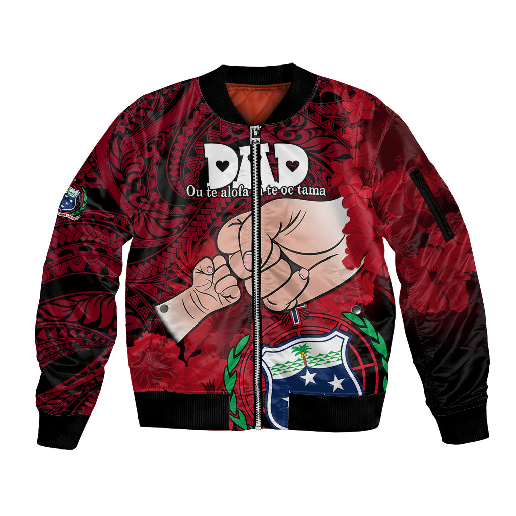 Personalised Fathers Day Polynesian Islands Samoa Sleeve Zip Bomber Jacket Dad Ou Te Alofa Ia Te Oe Tama - Red Polynesian Flowers Tribal - Wonder Print Shop