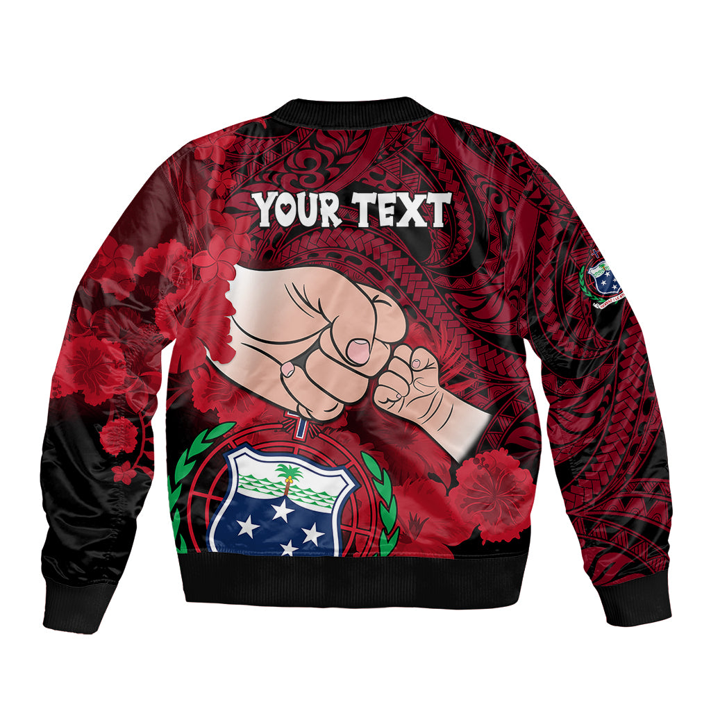 Personalised Fathers Day Polynesian Islands Samoa Sleeve Zip Bomber Jacket Dad Ou Te Alofa Ia Te Oe Tama - Red Polynesian Flowers Tribal - Wonder Print Shop