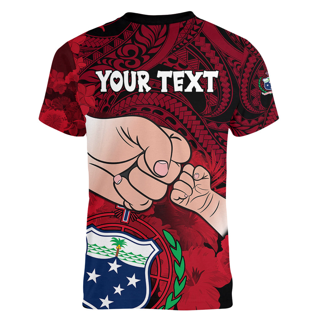 Personalised Dads Day Samoa Women V Neck T Shirt Dad Ou Te Alofa Ia Te Oe Tama - Red Polynesian Flowers Tribal - Wonder Print Shop