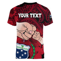 Personalised Dads Day Samoa Women V Neck T Shirt Dad Ou Te Alofa Ia Te Oe Tama - Red Polynesian Flowers Tribal - Wonder Print Shop