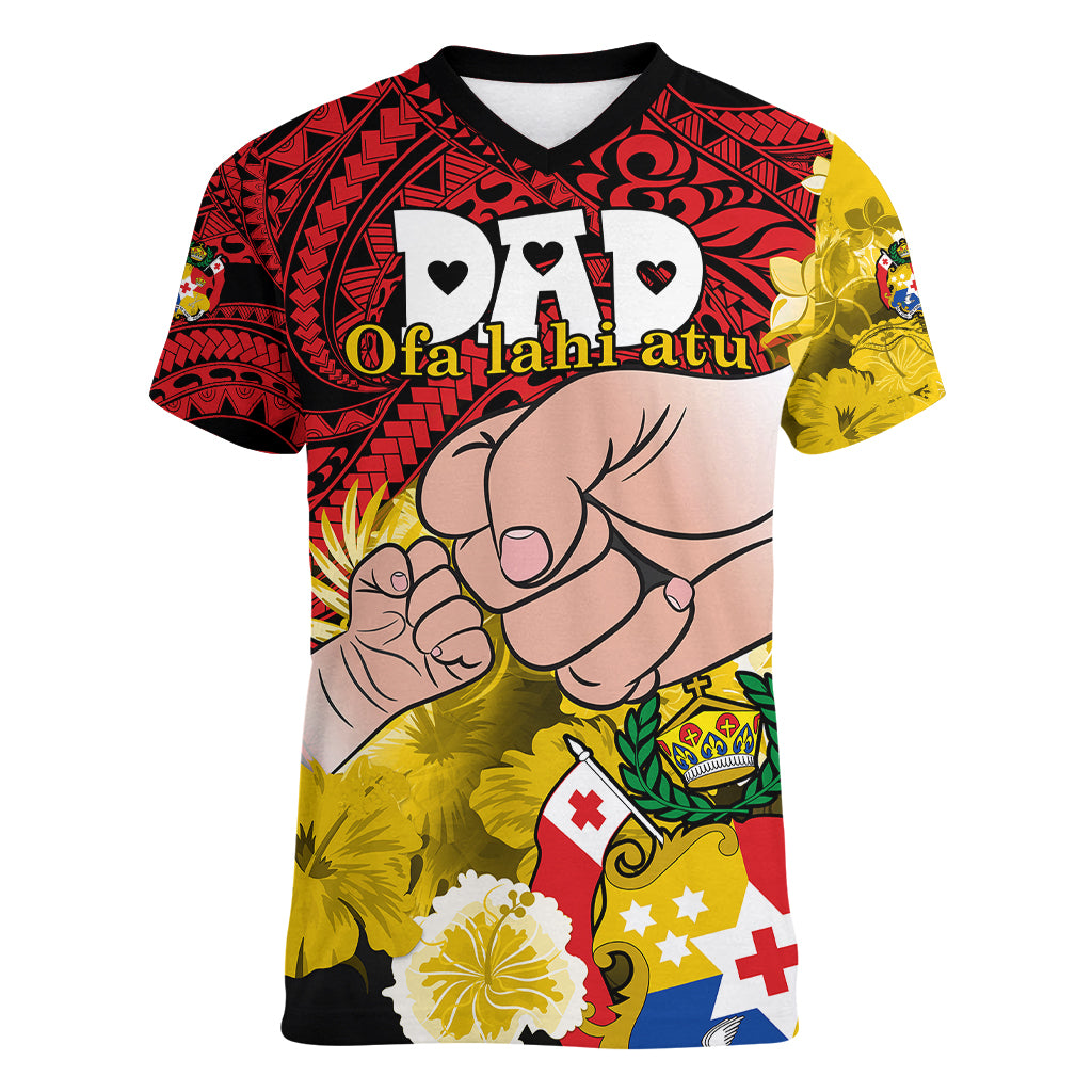 Fathers Day Polynesian Islands Tonga Women V Neck T Shirt Dad Ofa lahi atu - Polynesian Flowers Tribal - Wonder Print Shop