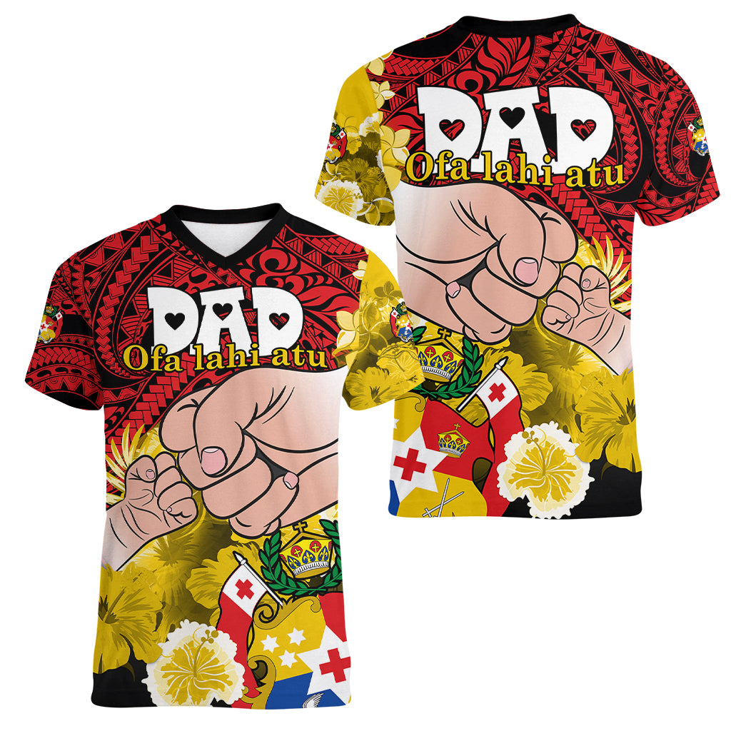 Dads Day Tonga Women V Neck T Shirt Dad Ofa lahi atu - Polynesian Flowers Tribal - Wonder Print Shop
