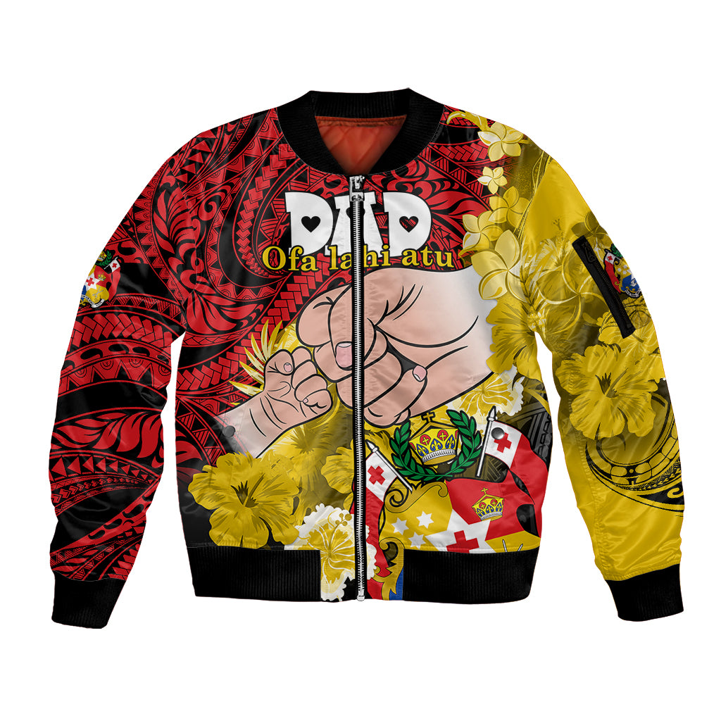 Personalised Fathers Day Polynesian Islands Tonga Sleeve Zip Bomber Jacket Dad Ofa lahi atu - Polynesian Flowers Tribal - Wonder Print Shop