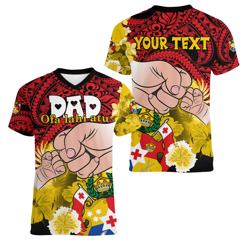 Personalised Dads Day Tonga Women V Neck T Shirt Dad Ofa lahi atu - Polynesian Flowers Tribal - Wonder Print Shop