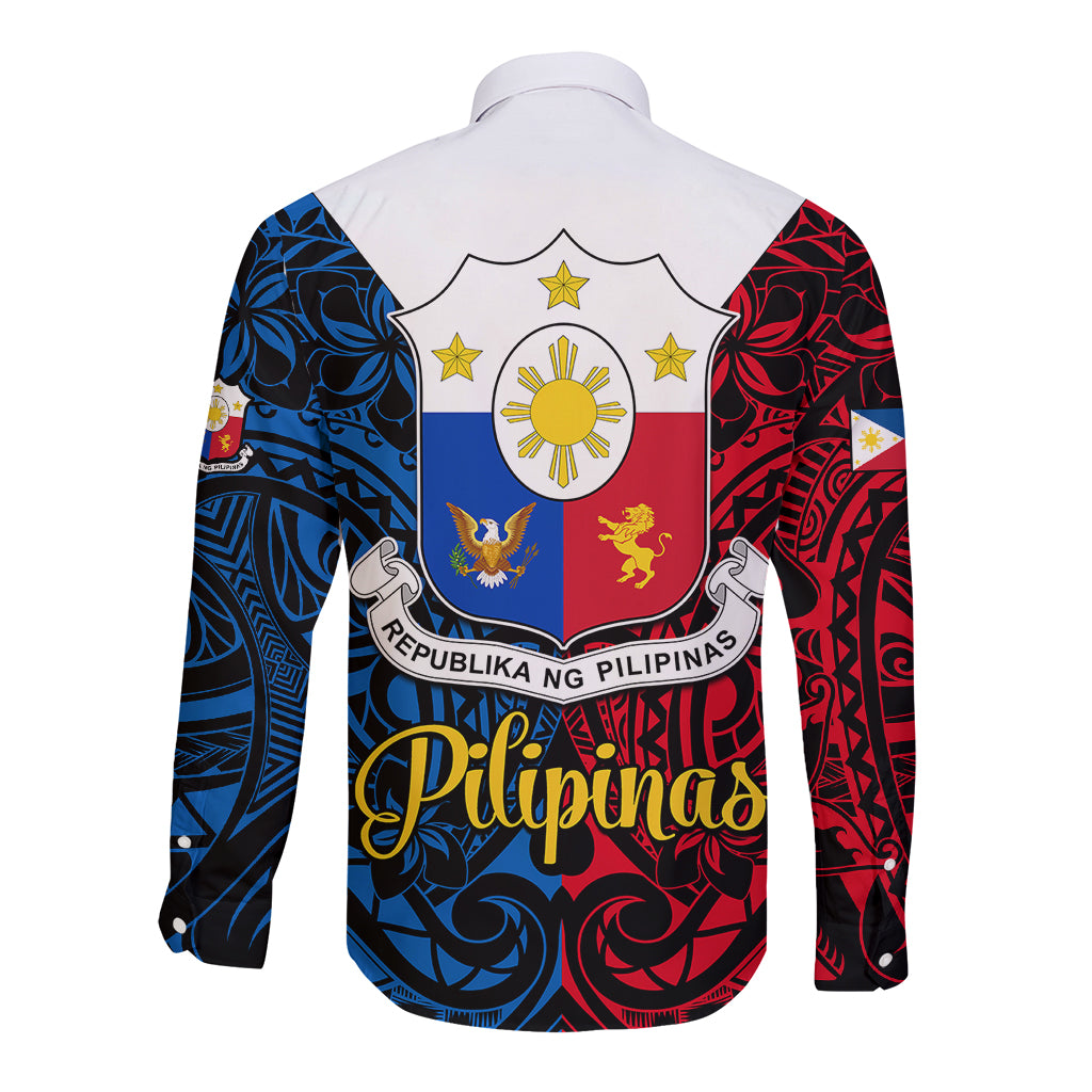 125th Independence Anniversary Philippines Long Sleeve Button Shirt Polynesian Pilipinas Flag Style - Black - Wonder Print Shop