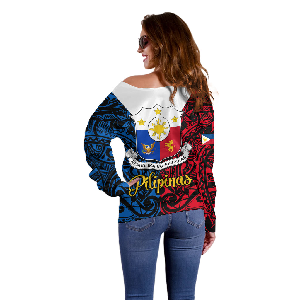 125th Independence Anniversary Philippines Off Shoulder Sweater Polynesian Pilipinas Flag Style - Black - Wonder Print Shop