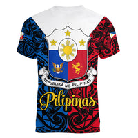 Polynesian Philippines Women V Neck T Shirt Pilipinas Flag Style for 125th Independence Anniversary Black - Wonder Print Shop