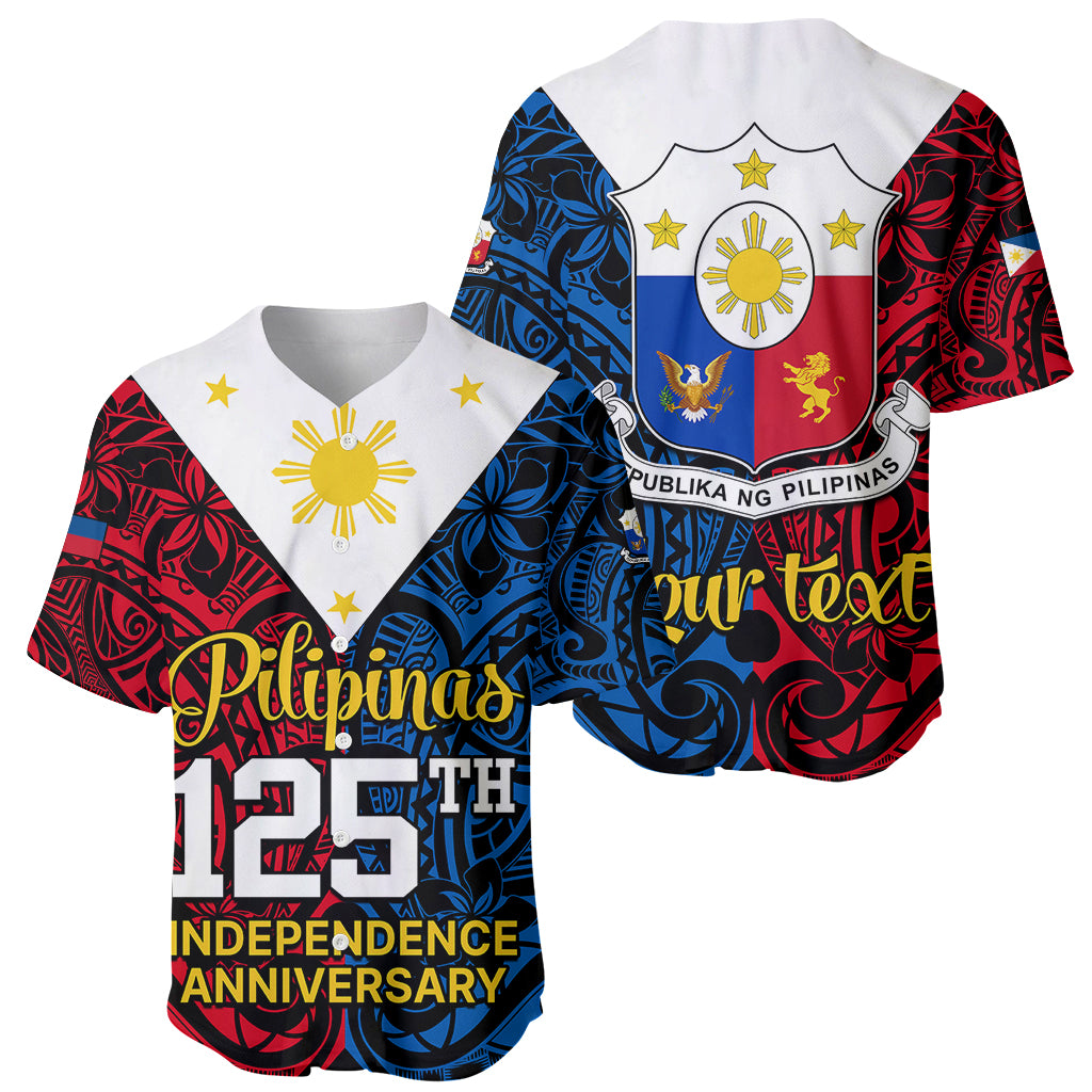 Personalised 125th Independence Anniversary Philippines Baseball Jersey Polynesian Pilipinas Flag Style - Black LT9 - Wonder Print Shop