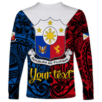 Personalised 125th Independence Anniversary Philippines Long Sleeve Shirt Polynesian Pilipinas Flag Style - Black - Wonder Print Shop