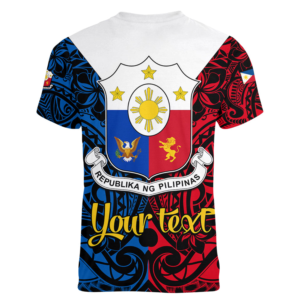 Personalised Polynesian Philippines Women V Neck T Shirt Pilipinas Flag Style for 125th Independence Anniversary Black - Wonder Print Shop