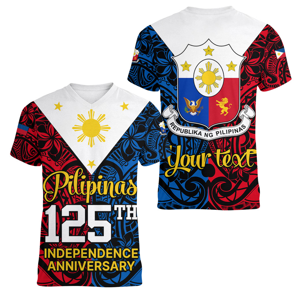 Personalised 125th Independence Anniversary Philippines Women V Neck T Shirt Polynesian Pilipinas Flag Style - Black - Wonder Print Shop