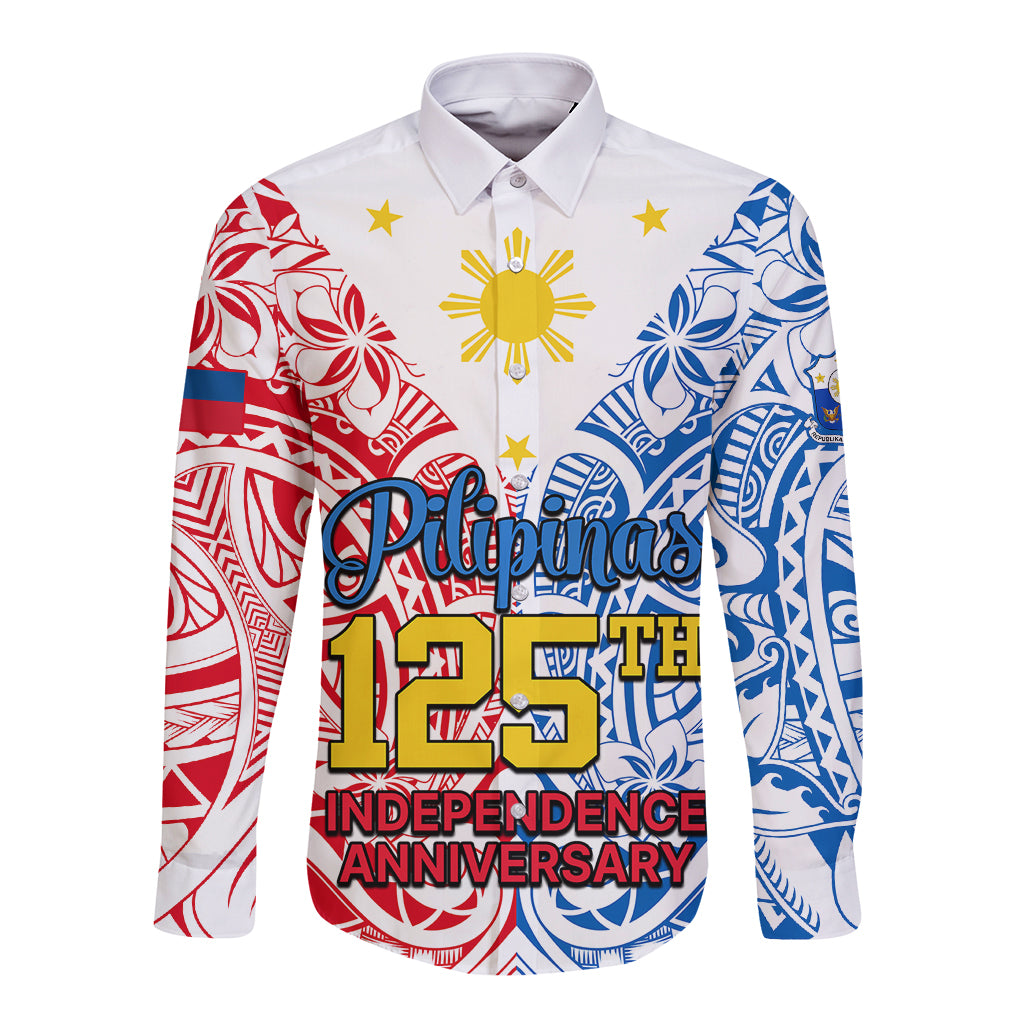 125th Independence Anniversary Philippines Long Sleeve Button Shirt Polynesian Pilipinas Flag Style - White - Wonder Print Shop