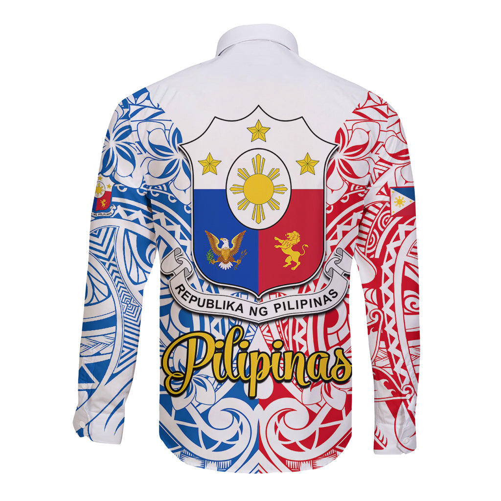 Polynesian Philippines Long Sleeve Button Shirt Pilipinas Flag Style for 125th Independence Anniversary White - Wonder Print Shop