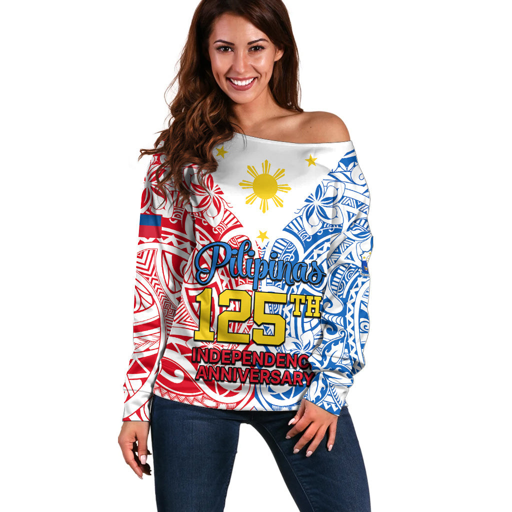 125th Independence Anniversary Philippines Off Shoulder Sweater Polynesian Pilipinas Flag Style - White - Wonder Print Shop
