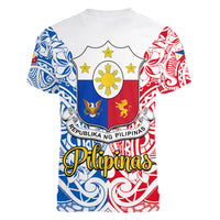 125th Independence Anniversary Philippines Women V Neck T Shirt Polynesian Pilipinas Flag Style - White - Wonder Print Shop