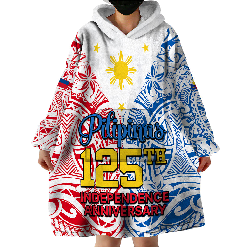 Personalised 125th Independence Anniversary Philippines Wearable Blanket Hoodie Polynesian Pilipinas Flag Style - White - Wonder Print Shop