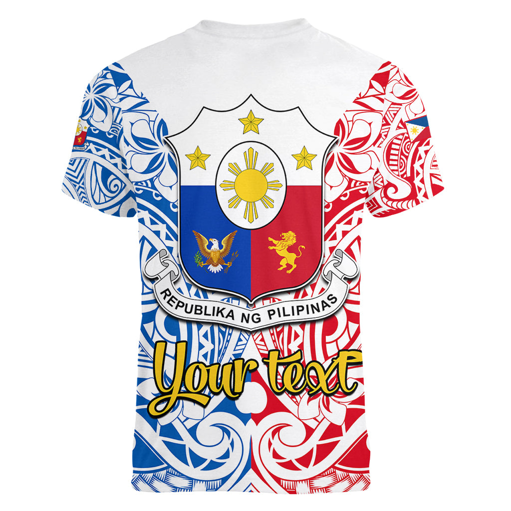 Personalised 125th Independence Anniversary Philippines Women V Neck T Shirt Polynesian Pilipinas Flag Style - White - Wonder Print Shop