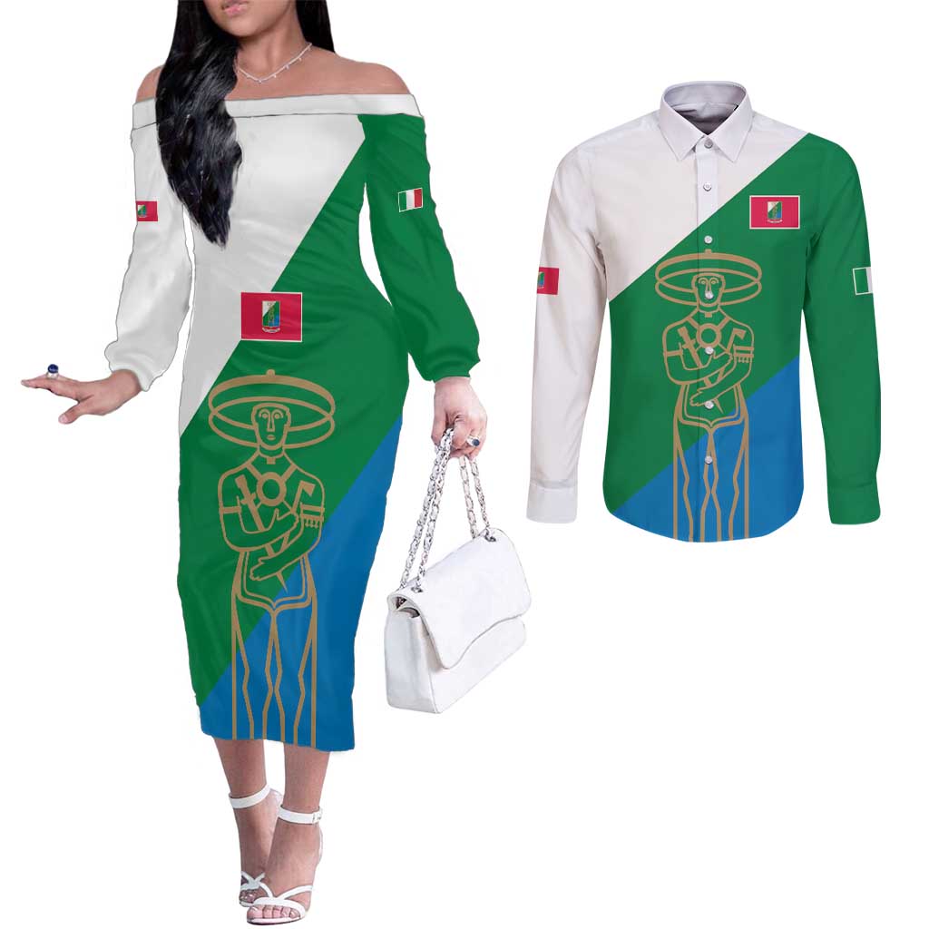 Personalized Italy Abruzzo Couples Matching Off The Shoulder Long Sleeve Dress and Long Sleeve Button Shirt Inspiration Flags Style