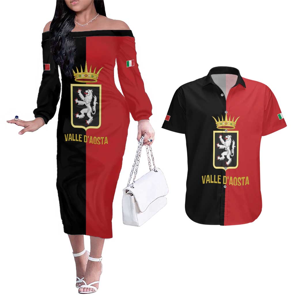 Personalized Italy Aosta Valley Couples Matching Off The Shoulder Long Sleeve Dress and Hawaiian Shirt Inspiration Flags Style