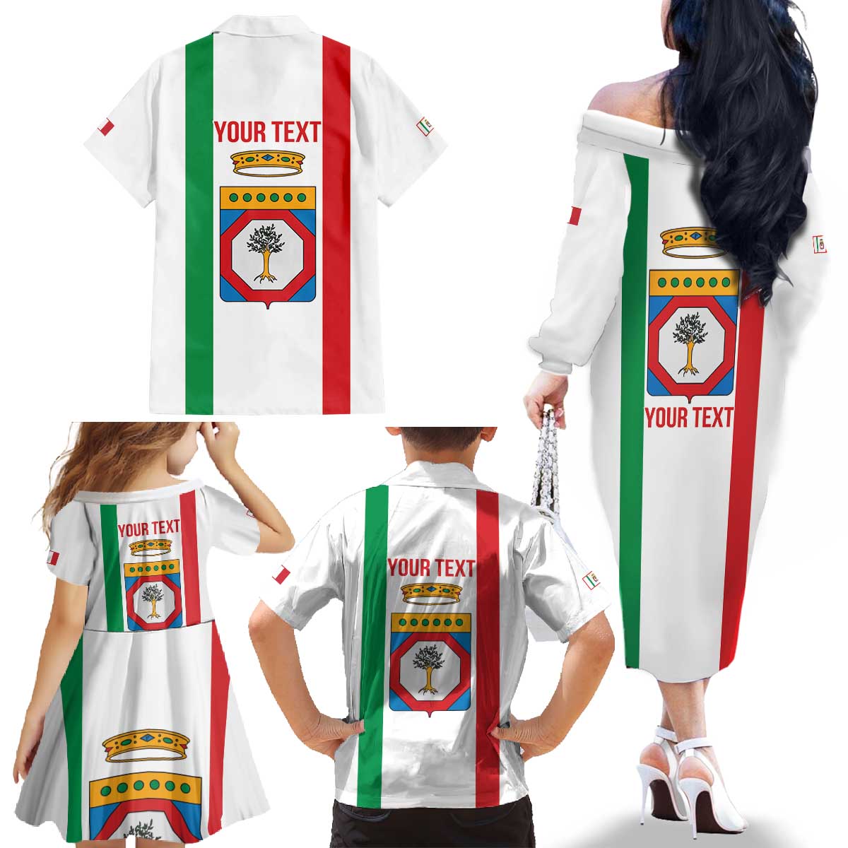 Personalized Italy Apulia Family Matching Off The Shoulder Long Sleeve Dress and Hawaiian Shirt Inspiration Flags Style