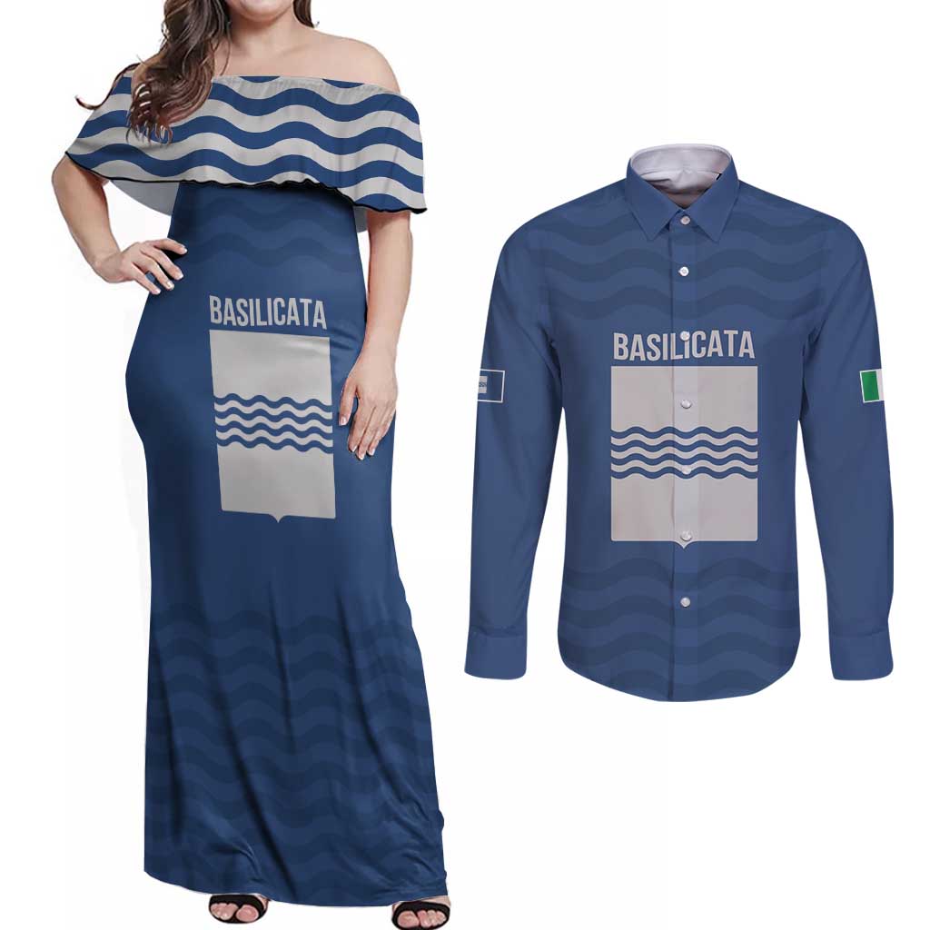 Personalized Italy Basilicata Couples Matching Off Shoulder Maxi Dress and Long Sleeve Button Shirt Inspiration Flags Style