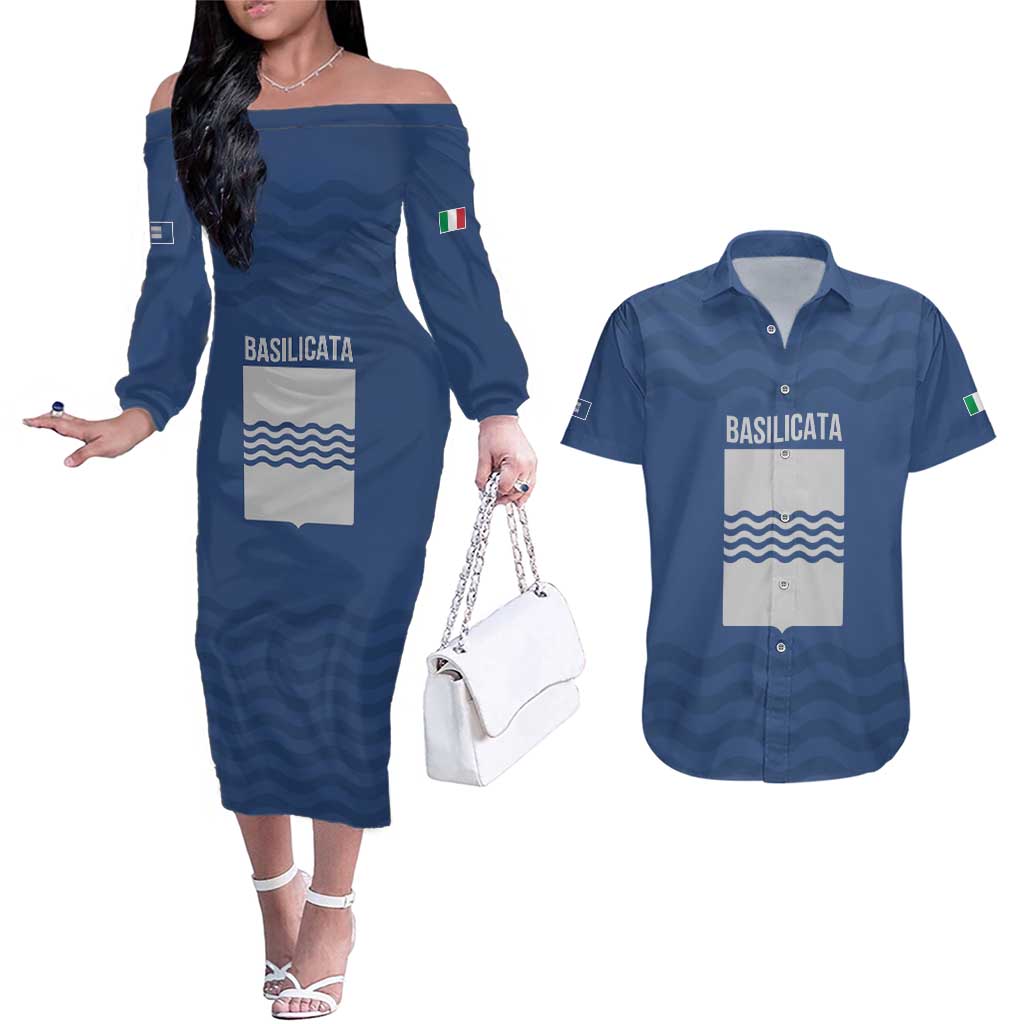 Personalized Italy Basilicata Couples Matching Off The Shoulder Long Sleeve Dress and Hawaiian Shirt Inspiration Flags Style