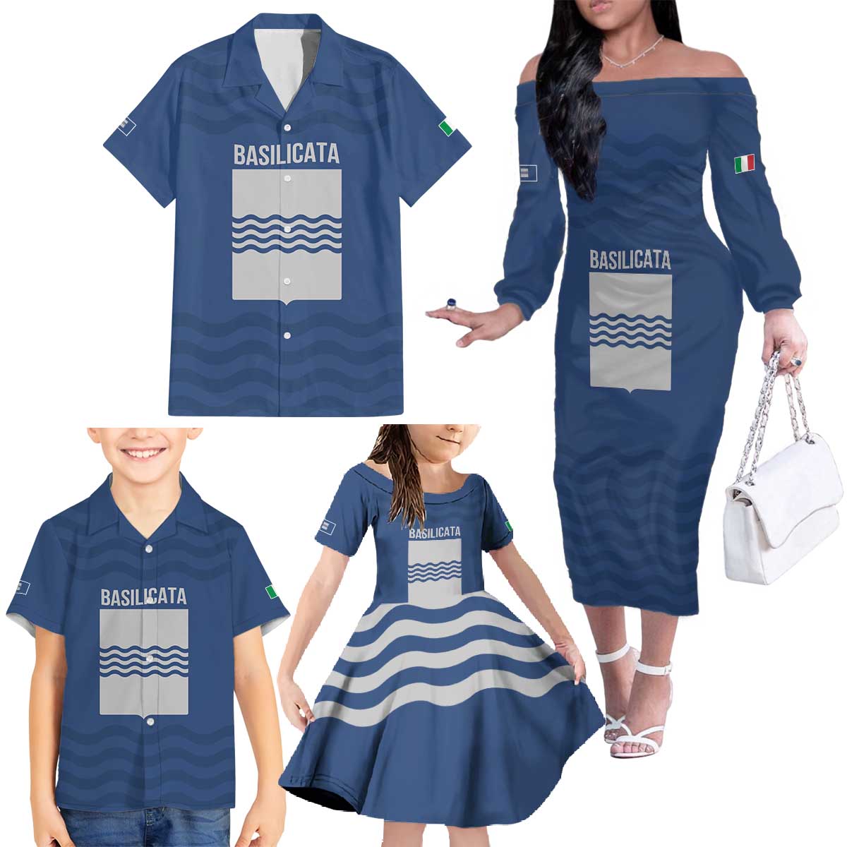 Personalized Italy Basilicata Family Matching Off The Shoulder Long Sleeve Dress and Hawaiian Shirt Inspiration Flags Style