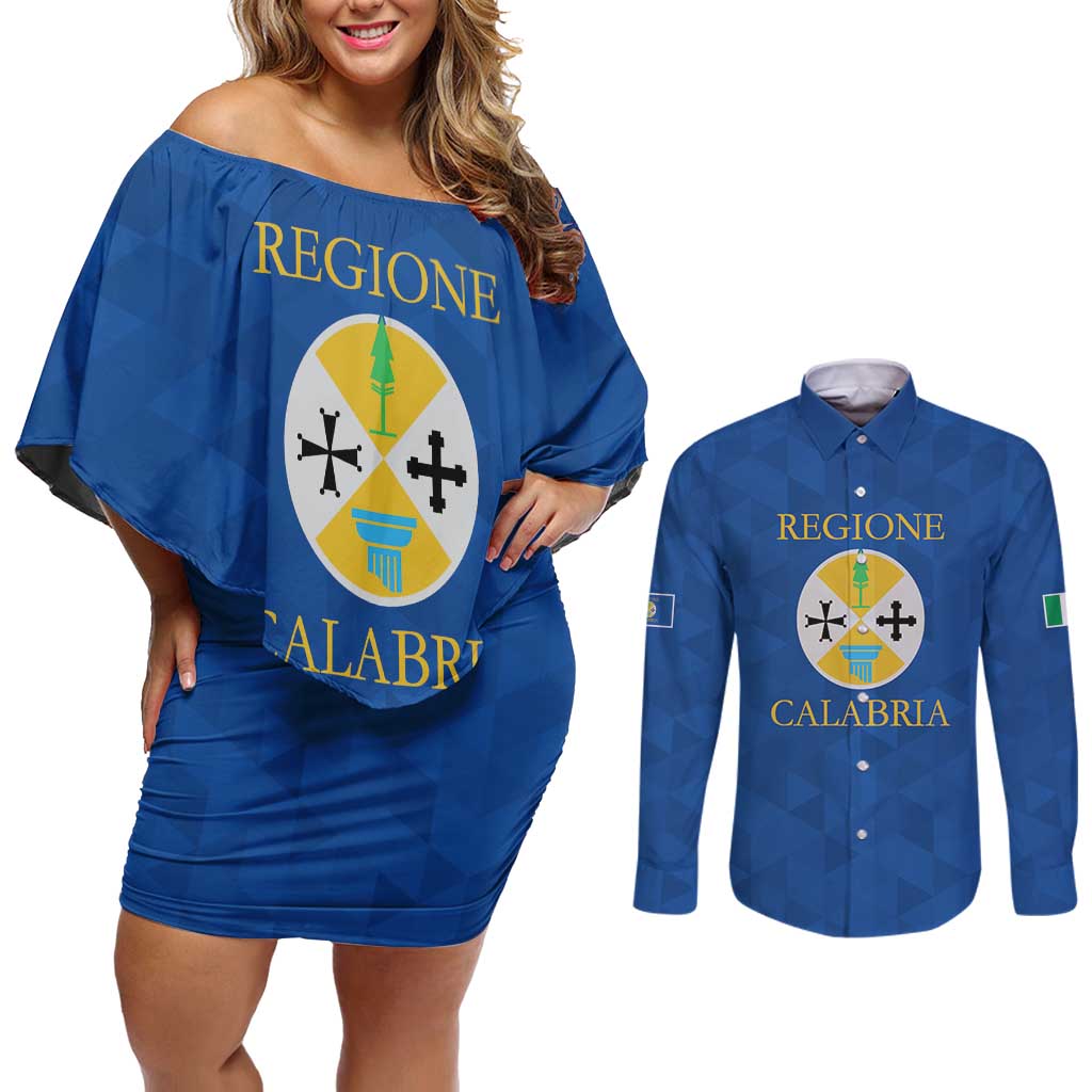 Personalized Italy Calabria Couples Matching Off Shoulder Short Dress and Long Sleeve Button Shirt Inspiration Flags Style