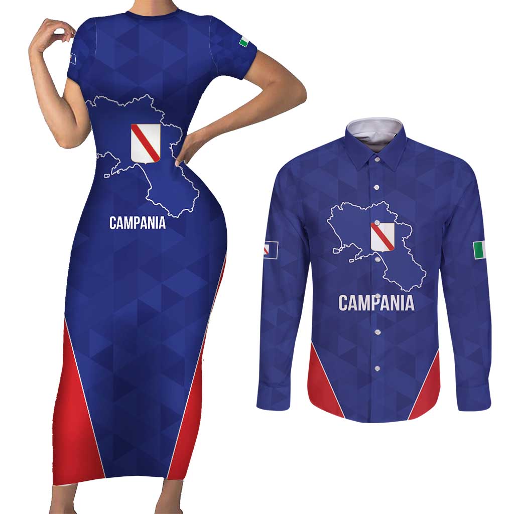 Personalized Italy Campania Couples Matching Short Sleeve Bodycon Dress and Long Sleeve Button Shirt Inspiration Flags Style